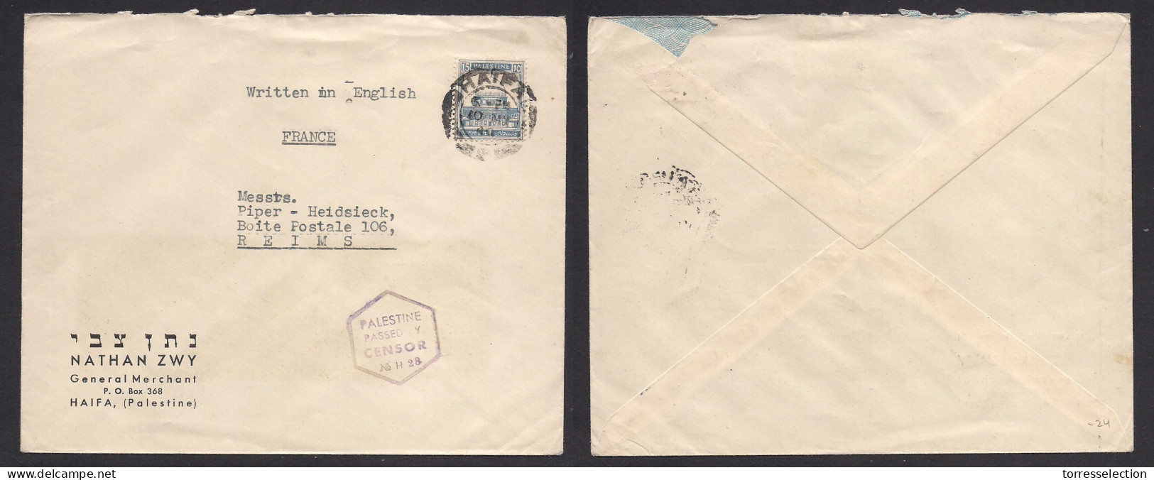 PALESTINE. 1940 (10 May) Haifa - Reims, France Bilingual Comercial Fkd Env, Depart Censor Cachet. Fine. - Palestine