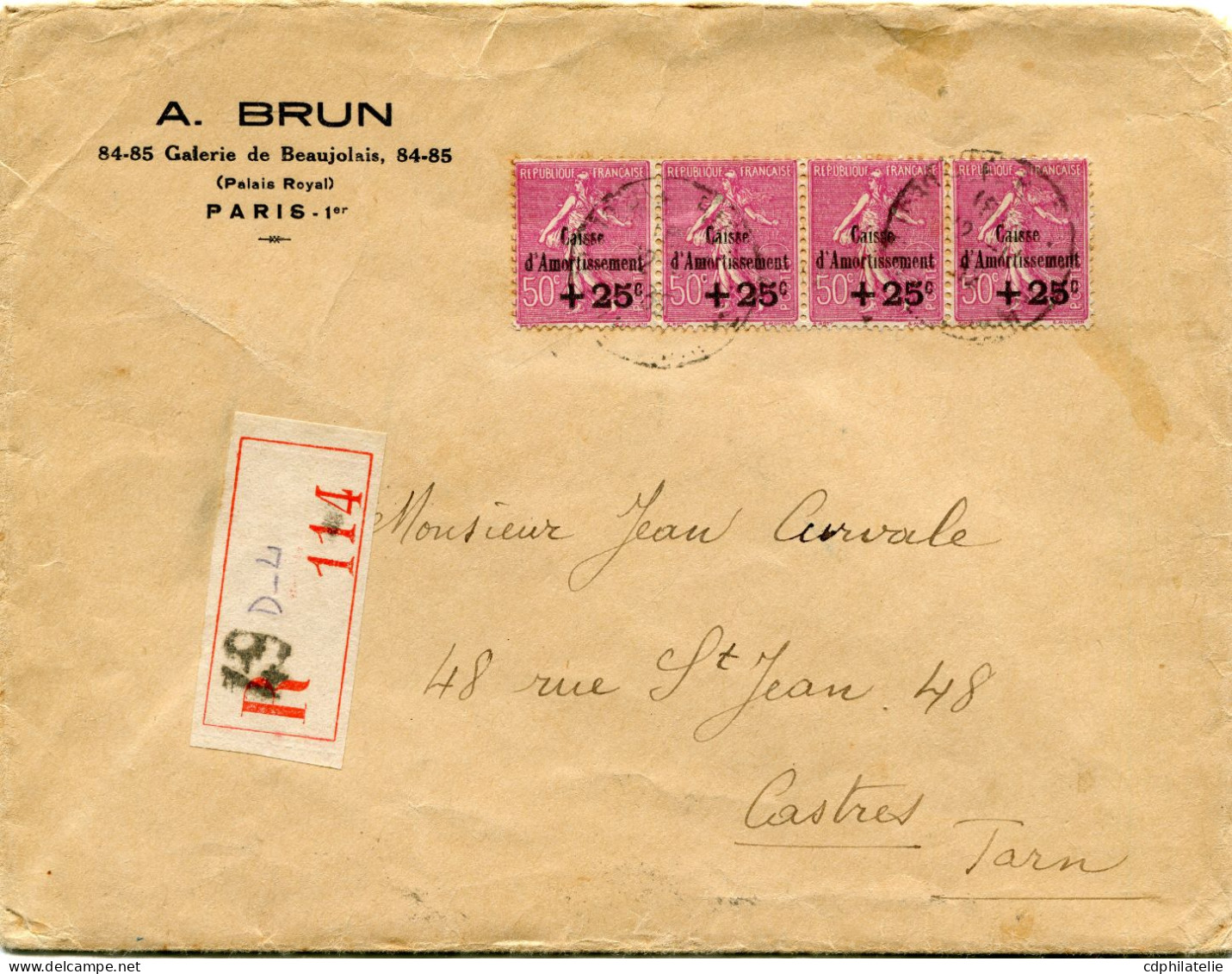 FRANCE LETTRE RECOMMANDEE AFFRANCHIE AVEC 4 X LE N°254 ( C. A. ) DEPART PARIS 22-11-32 POUR LA FRANCE - 1927-31 Caisse D'Amortissement