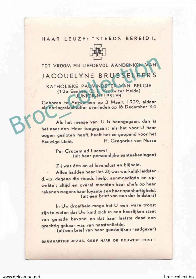 Antwerpen Dp Jacquelyne Brusseleers, 16/12/1944, Oorlogsslachtoffer, Padvinster, éclaireuse, Scout, Victime WW2, Kind - Images Religieuses