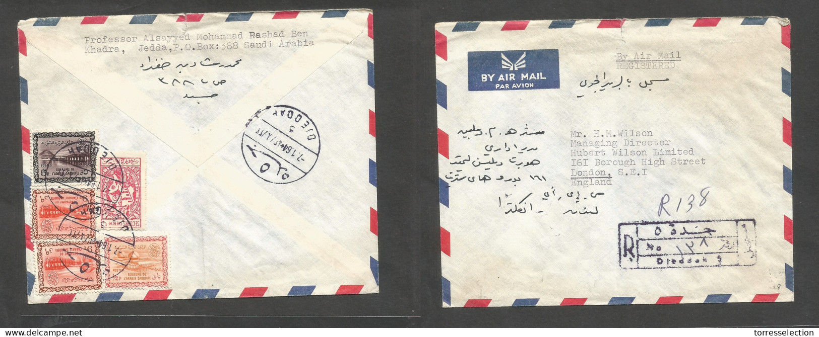 SAUDI ARABIA. 1964 (7 Jan) Djeddah - London, England. Registered Reverse Multifkd Envelope. Most Colorful + R-cachet On  - Saudi Arabia