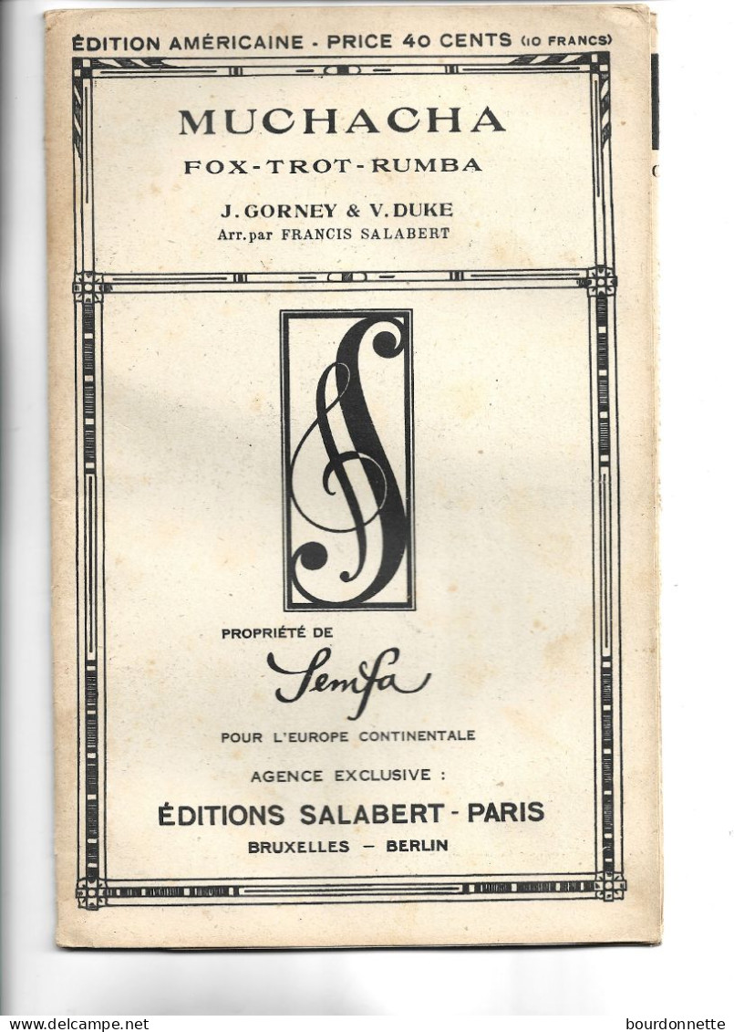 Partition Musicale -MUCHACHA -FOX-TROT-RUMBA EDITION AMERICAINE-EDITION SALABERT PARIS - Partitions Musicales Anciennes
