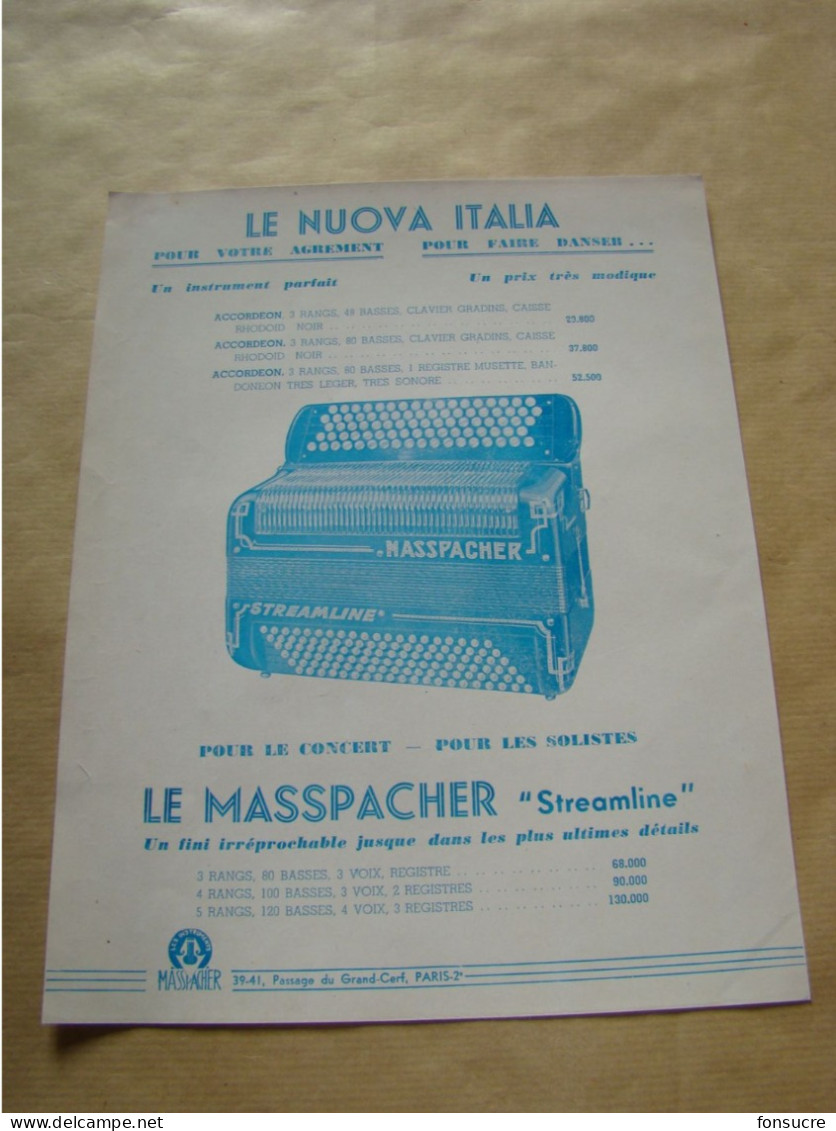 Prospectus Publicitaire Publicité MASSPACHER Instrument De Musique Accordéon Le Nuova Italia Streamline - Advertising