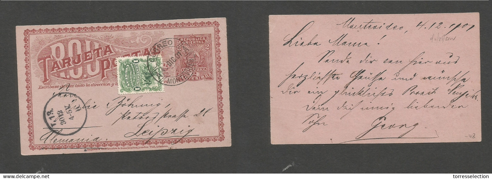 URUGUAY. 1901 (4 Dic) Mont - Leipzig, Germany (30 Dic) 2c Brown / Creamish + Adtl Stat Card. VF Used. - Uruguay