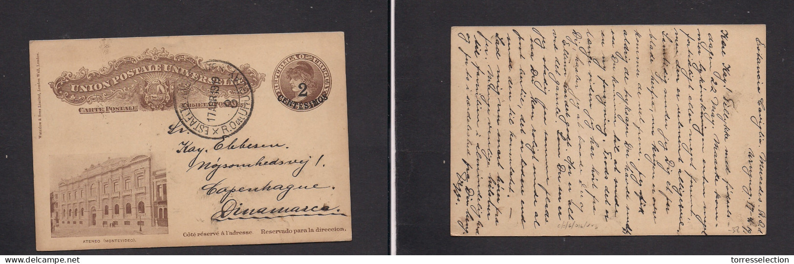 URUGUAY. 1919 (17 Apr) TPO. Estancia Caviglia - Denmark, Cph. 2c Ovpt Ateneo Illustrated Card. VF Scarce Origin + Ambula - Uruguay