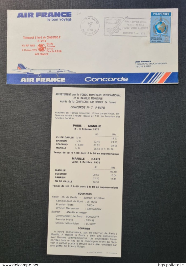 Concorde,  PARIS- MANILA- PARIS  Le 3/4/1976. - Concorde