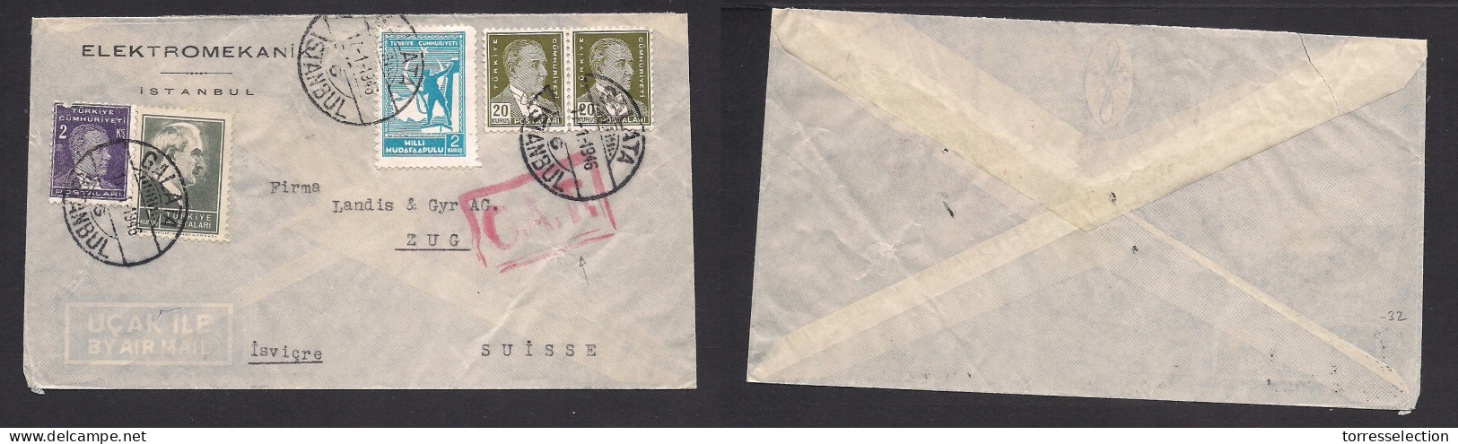TURKEY. 1945 (17 Jan) Istanbul - Switzerland, Zug. Air Multifkd Env. OAT Air Service + Red Cachet. VF. - Other & Unclassified