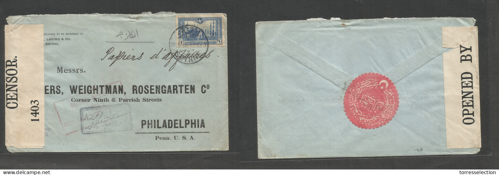 TURKEY. 1916 (20 Sept) Smyrna - USA, Philadelphia, PA. Fkd Env 1 Pi Blue, Tied Cds + Dual Censor + Held By Authorities + - Other & Unclassified