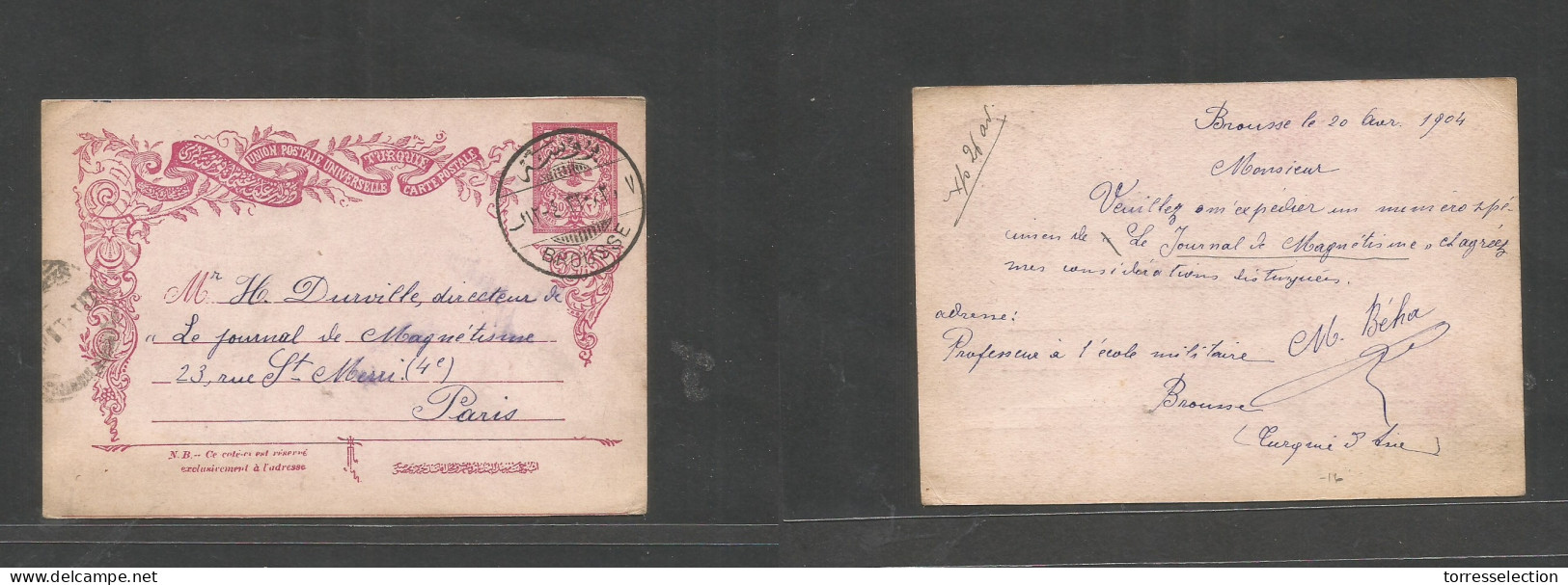 TURKEY. 1904 (20 Apr) Brousse - France, Paris. Bilingüe Cachet. 20p Stat Card. VF. - Andere & Zonder Classificatie