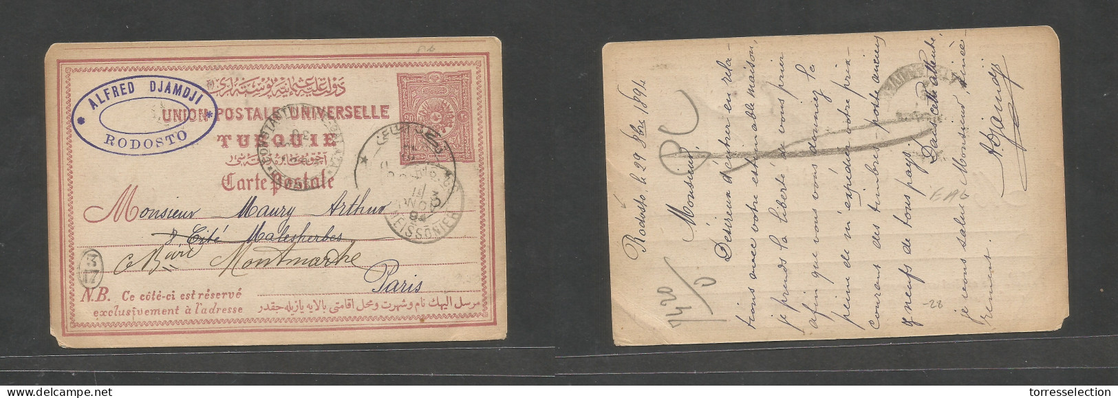 TURKEY. 1894 (29 Oct) Rodosto - France, Paris (3 Nov) Via Const 20p Lilac Stat Card, Bilingual Cachet, Fwded. - Andere & Zonder Classificatie