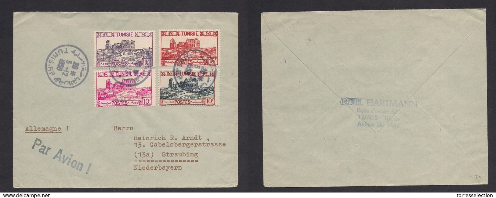 TUNISIA. 1958 (5 Dec) Tunis RP - Germany, Niederbayern, Stranbing. Air Multifkd Env VF Same Design Value Stamp Three Dif - Tunesië (1956-...)