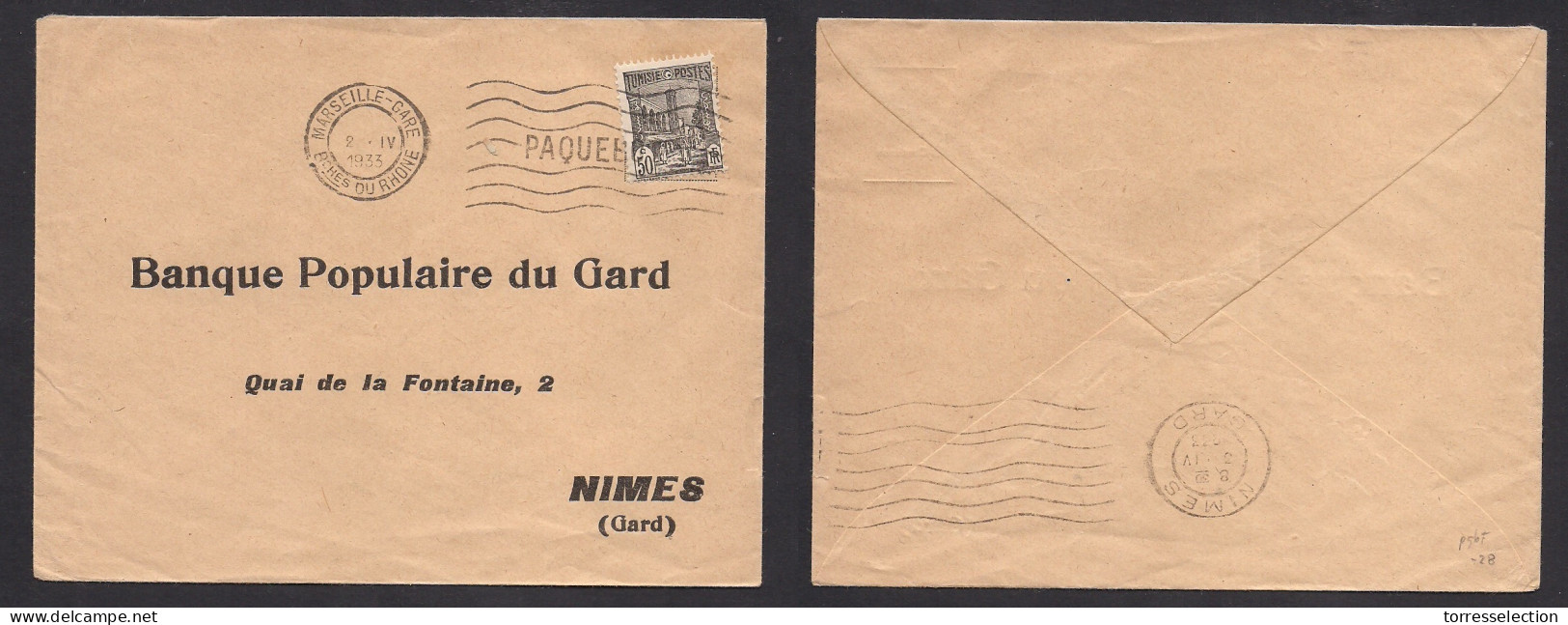 TUNISIA. 1933 (2 Apr) Pqbot Single 50c Fkd Env To France, Nimes (3 Apr) Via Marseille Rolling Pqbt Cachet. - Tunisia (1956-...)