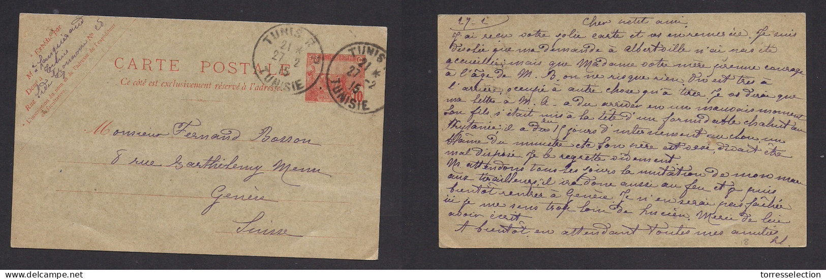 TUNISIA. 1915 (27 Febr) Tunis RP - Switzerland, Geneve. 10c Red Stat Card. VF Used. - Tunesië (1956-...)