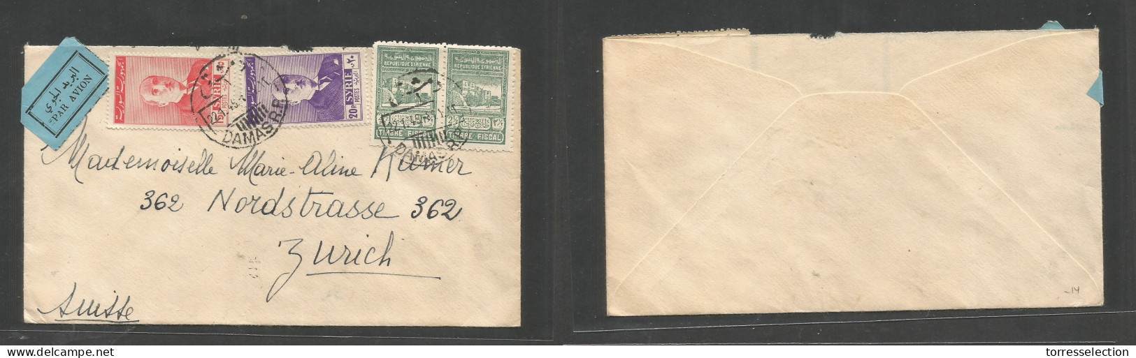 SYRIA. 1949 (22 Jan) Damas - Switzerland, Zurich. Air Multifkd Env Incl Two Fiscal Stamps, Tied Cds. VF Used. - Syrie