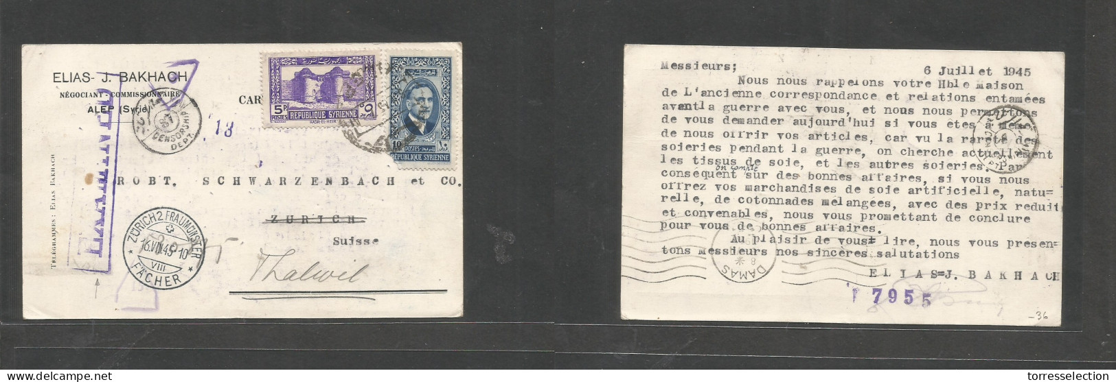 SYRIA. 1945 (5 July) Alep - Switzerland, Thalwil Via Zurich (16 Aug) Comercial Private Multifkd Card At 15p Rate, Cds Wi - Siria