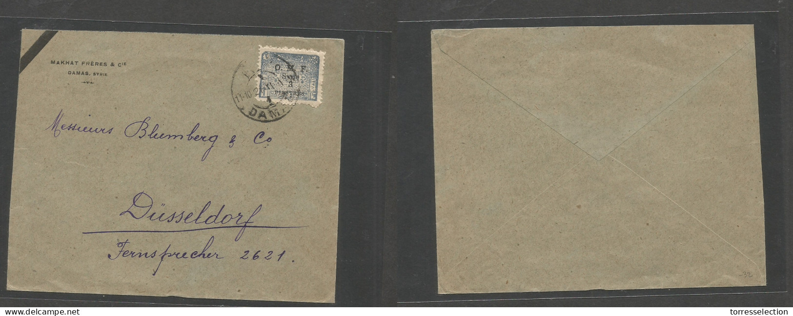 SYRIA. 1921 (11 Oct) OMF. Damas - Germany, Dusseldorf. Single Ovptd 3pi Stamp On Comercial Usage, Cds. Fine. - Syria