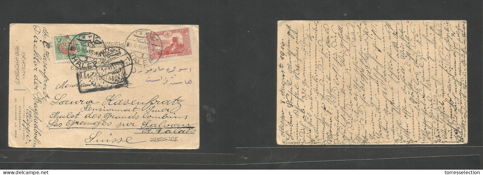 SYRIA. 1916 (8 Aug) Turkish Admin, Halep - Switzerland, Lausanne. Multifkd Private Card At 20p Rate, Tied Bilingual Cds  - Siria