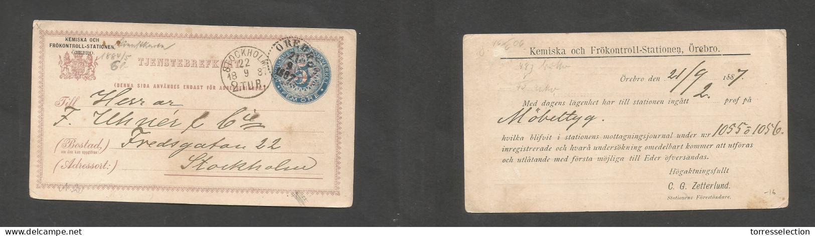 SWEDEN. 1887 (22 Sept) Orebro - Stockholm. Private Print. Ovptd 5 Ore Blue Stat Card. Fine. - Altri & Non Classificati