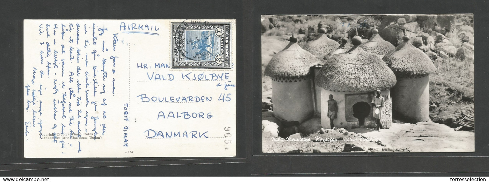 SUDAN. 1954 (21 May) Juba - Denmark, Aalborg. Air Single Fkd Photo Ppc. Fine. - Soudan (1954-...)