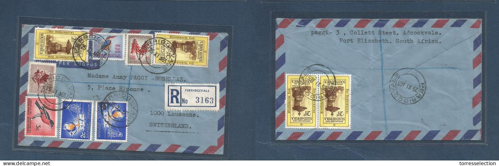 SOUTH AFRICA. 1965 (25 Nov) Perridgevale - Swizerland, Lausanne. Registered Air Front + Reverse Multifkd Env. Comm Issue - Other & Unclassified