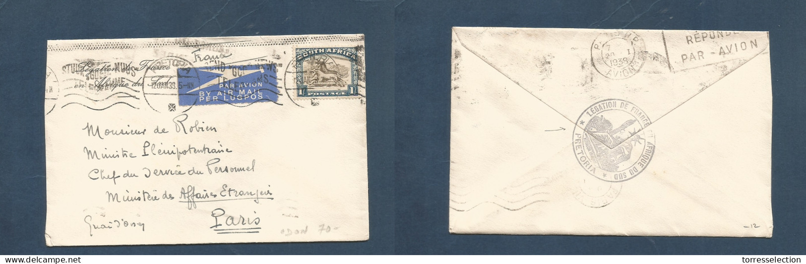 SOUTH AFRICA. 1938 (12 Jan) Pretoria - France, Paris. Air Fkd Env, 1sh Rate. French Consular Mail Reverse Cachet. - Other & Unclassified