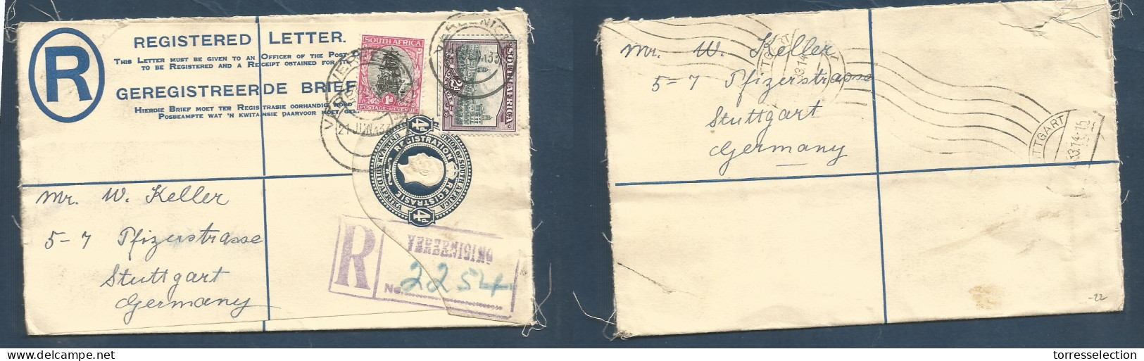 SOUTH AFRICA. 1933 (21 June) Vereenising - Germany, Stuttgart (July 23) 4d Blue Registered + 2 Adtls Stat Env, R-cachet. - Autres & Non Classés