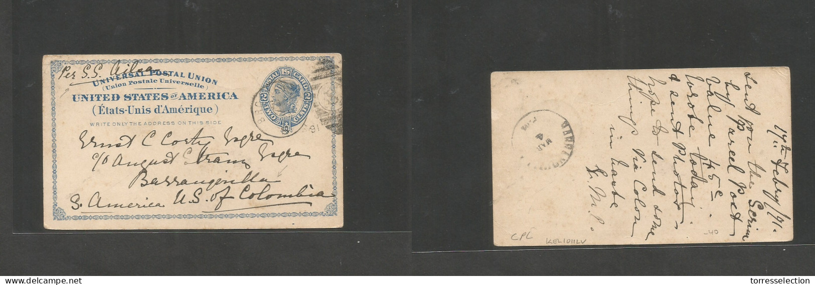USA - Stationery. 1891 (17 Febr) Brooklyn - Colombia, Barranquilla. 2c Blue Stat Card, Endorsed Per "SS Arlsa" Ship Name - Andere & Zonder Classificatie