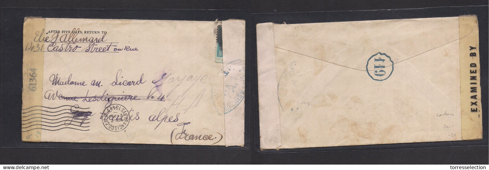 USA - Prexies. 1944 (Nov 7) S. Fco, CA - France, Haute Alpes. 5c Prexie Fkd Env With Contains + Dual Censorship Labels. - Andere & Zonder Classificatie