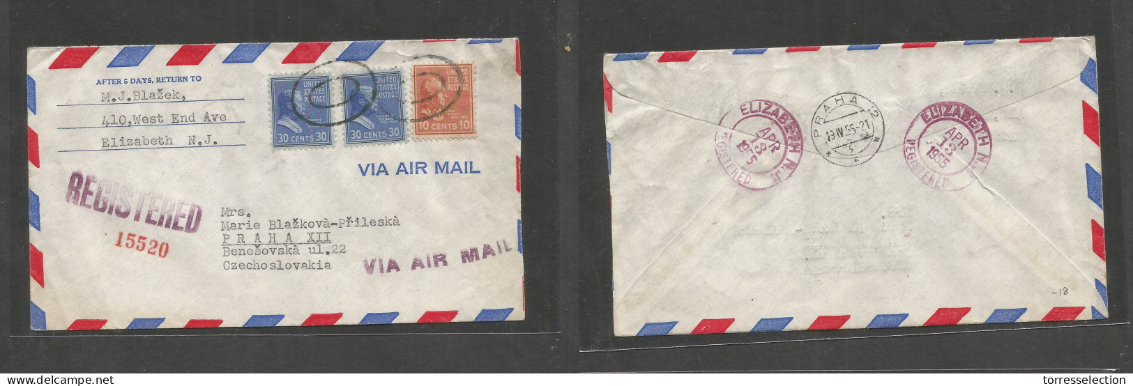 USA - Prexies. 1955 (13 Apr) NJ, Elisabeth - Czechoslovakia, Prague (19 Apr) Registered Air Multifkd Env At 70c Rate. Ni - Andere & Zonder Classificatie
