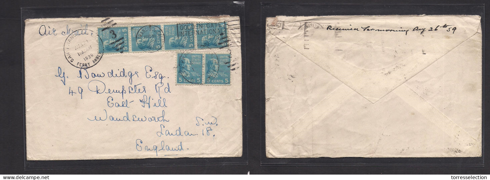 USA - Prexies. 1939 (Aug 21) S. Fco, CA - London, UK. Multifkd 5c Blue Prexie (x6, Incl Stamps Of Four) Airmail. Fine. - Andere & Zonder Classificatie