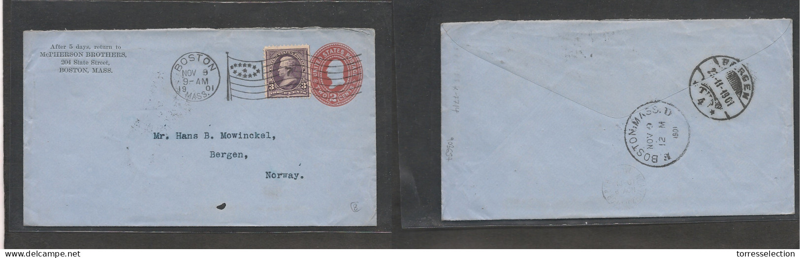 USA. USA Cover 1901 Boston To Norway Bergen 2c Red Stat Env+adtl Flag Rolling Cachet, Vf - Andere & Zonder Classificatie