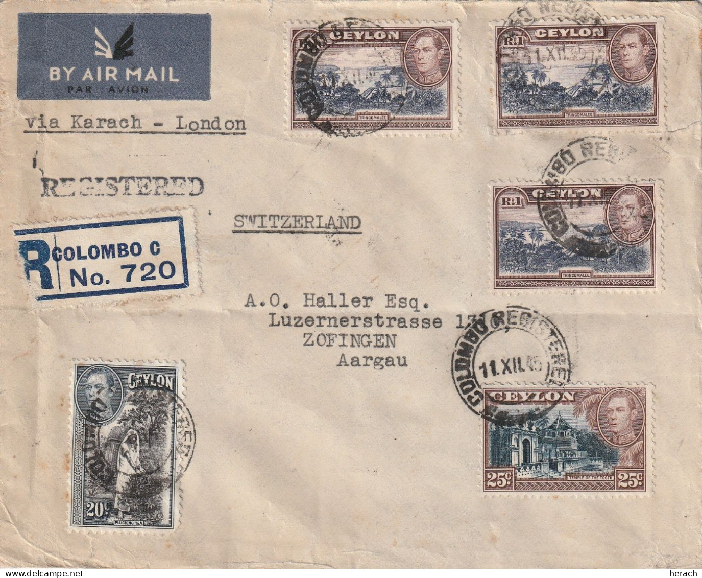 Ceylan Lettre Recommandée Colombo Pour La Suisse 1945 - Ceylon (...-1947)