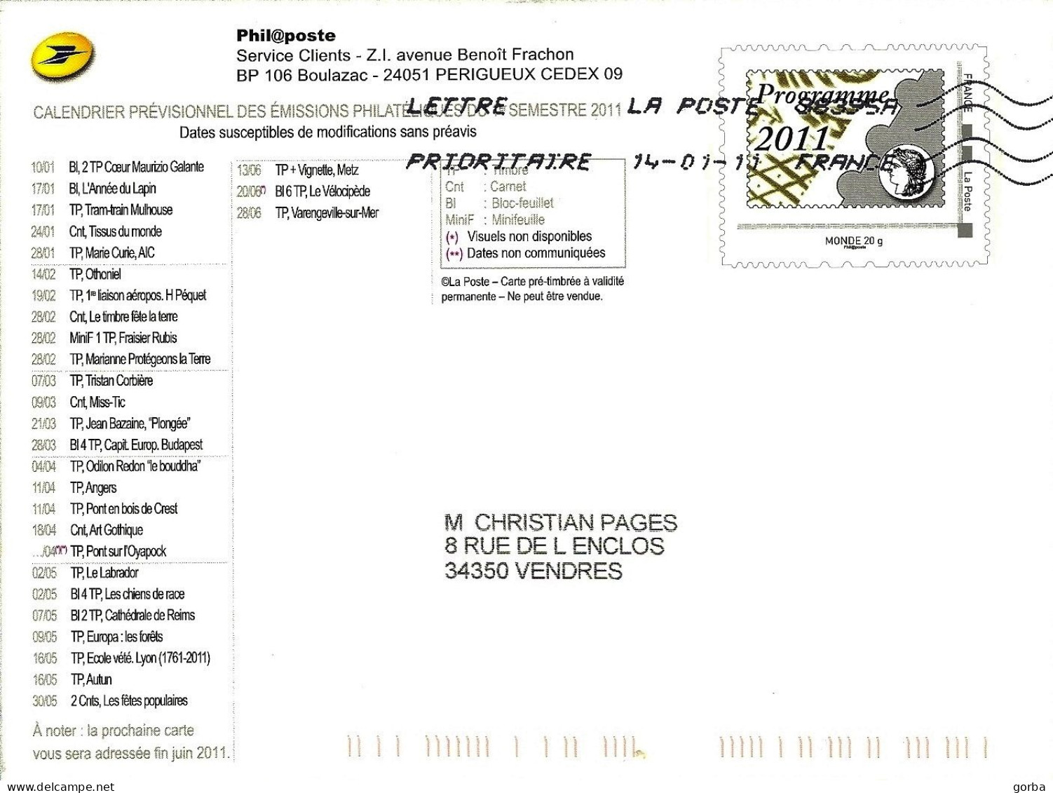 *Carte Entier Postal Monde 20g Programme Philatélique 2011 -le 1ér Semestre. - Pseudo-interi Di Produzione Ufficiale