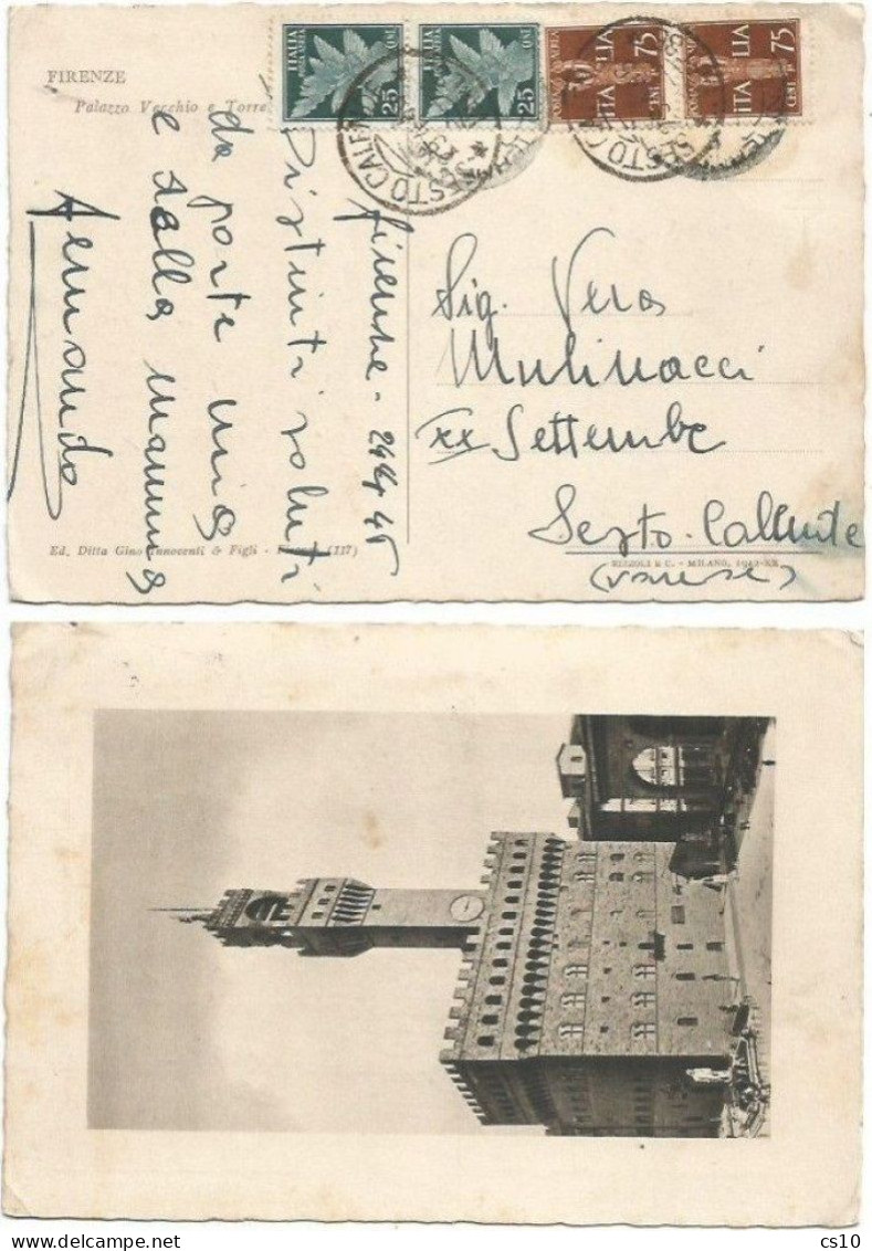 LUOGOTENENZA 24apr1946 Posta Aerea C.25 Coppia + C.75 Coppia Cartolina Firenze - Airmail