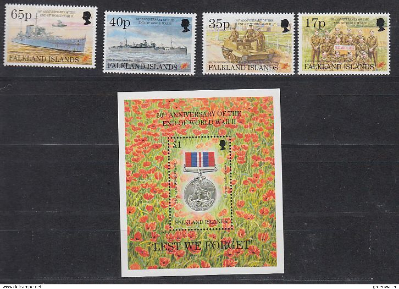 Falkland Islands 1995 End Of World War II 4v + M/s ** Mnh (59537) - Islas Malvinas