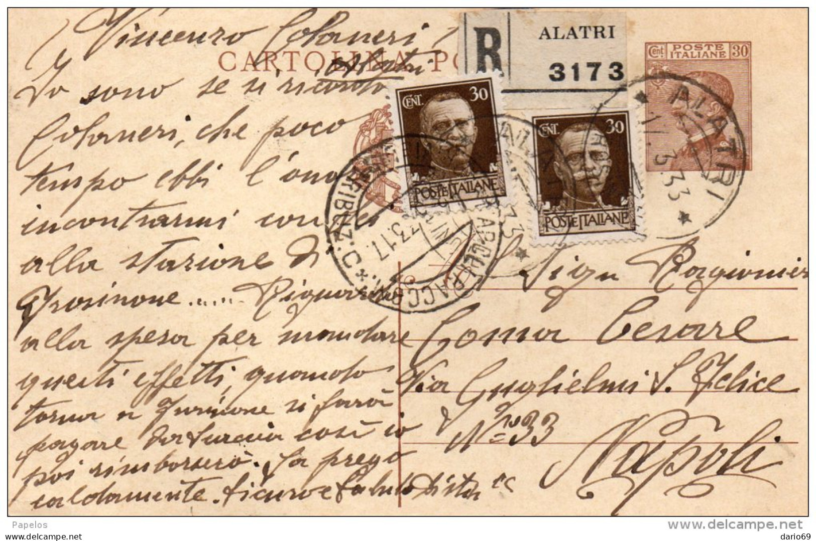 1933 CARTOLINA RACCOMANDATA CON ANNULLO ALATRI ROMA - Stamped Stationery