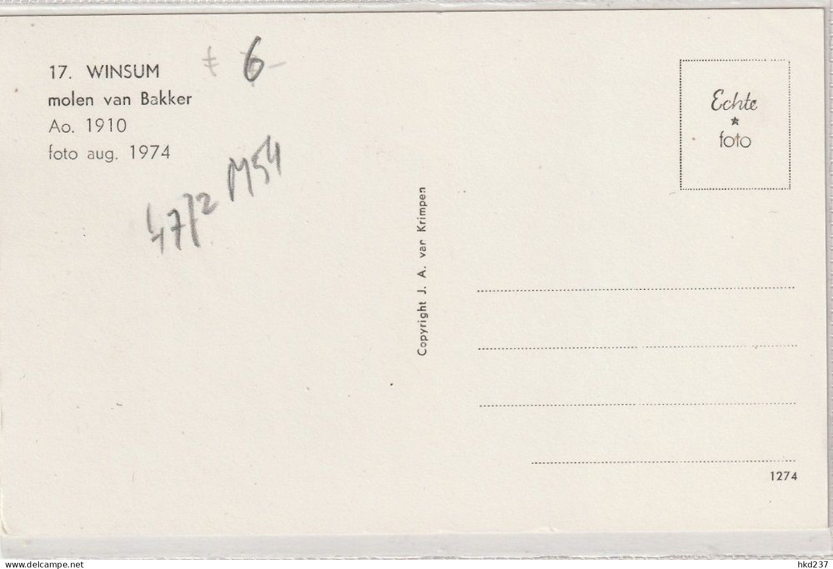 Winsum Molen Van Bakker Foto Aug. 1964   4742 - Autres & Non Classés