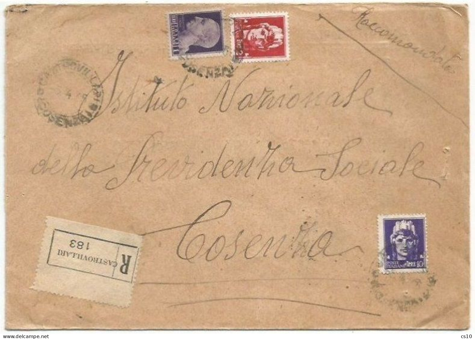 LUOGOTENENZA 5apr1945 Raccomandata Castrovillari X Cosenza - Imperiale L.10 + L.2 + L.1 - Poststempel