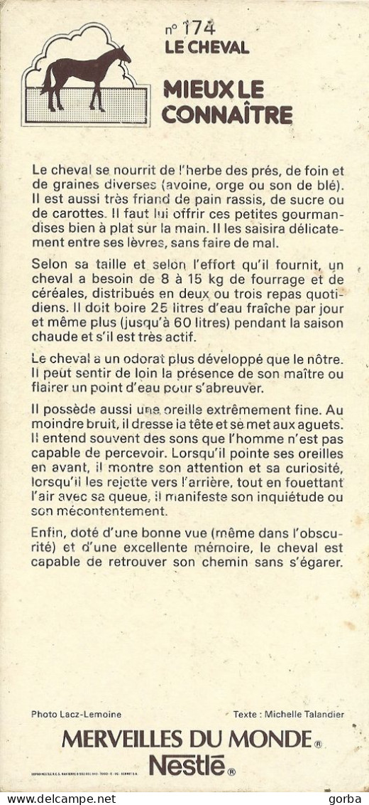 *Carte Collection Nestlé - Merveilles Du Monde - Le Cheval - N° 174 Mieux Le Connaitre - Altri & Non Classificati