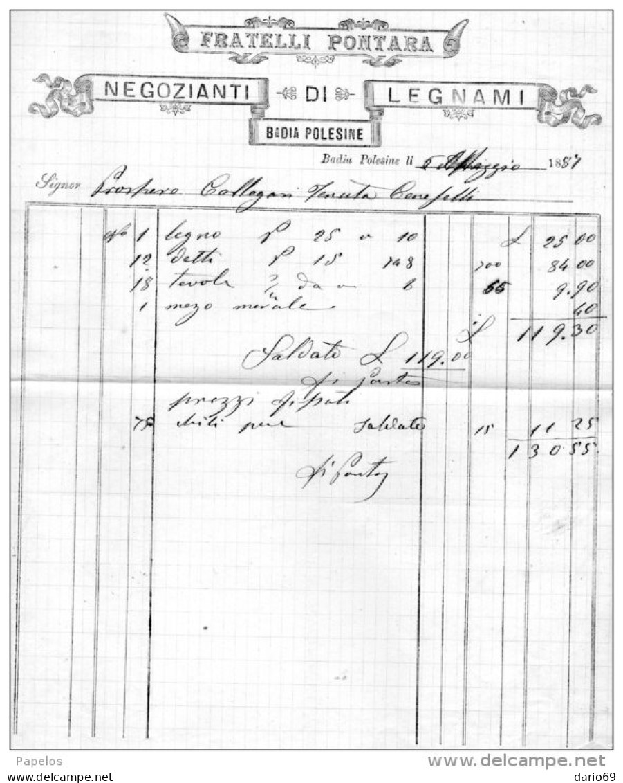 1887  FATTURA BADIA POLESINE ROVIGO NEGOZIANTI DI LEGNAMI - Italie