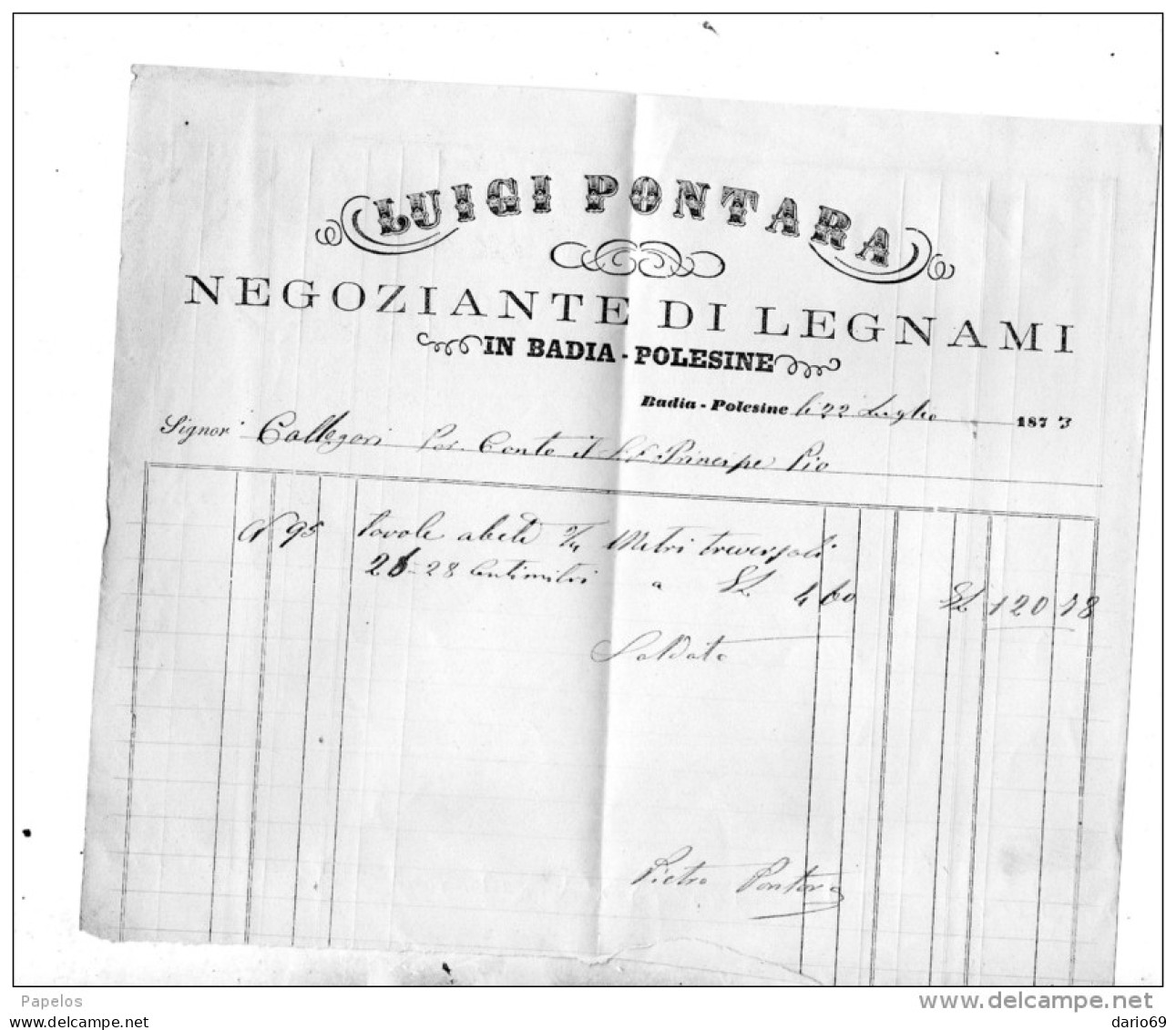 1873  FATTURA BADIA POLESINE ROVIGO NEGOZIANTE DI LEGNAME - Italia