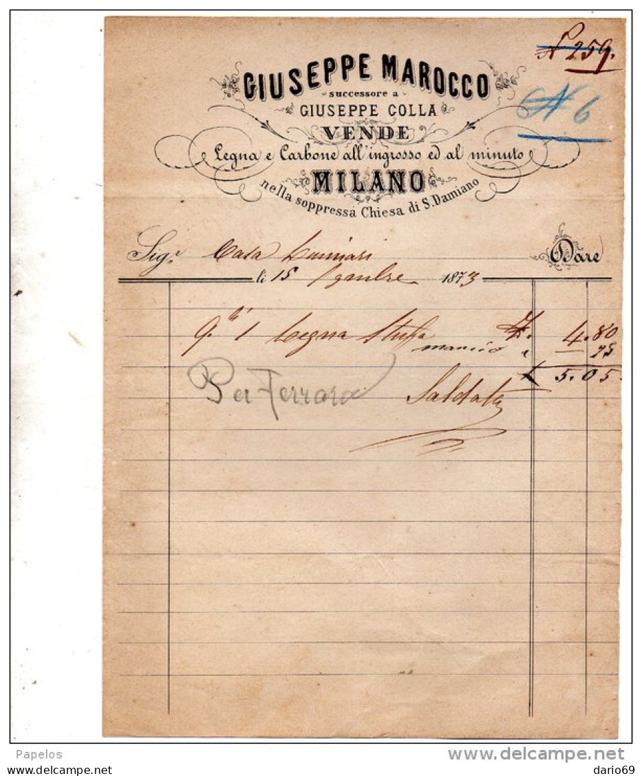 1873  FATTURA MILANO -  VENDE LEGNA E CARBONE NELLA SOPPRESSA CHIESA DI S. DAMIANO - Italie