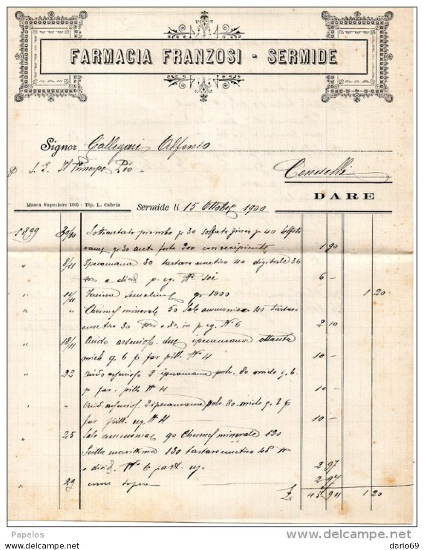 1900    FATTURA SERMIDE  MANTOVA - FARMACIA FRANZOSI - Italia