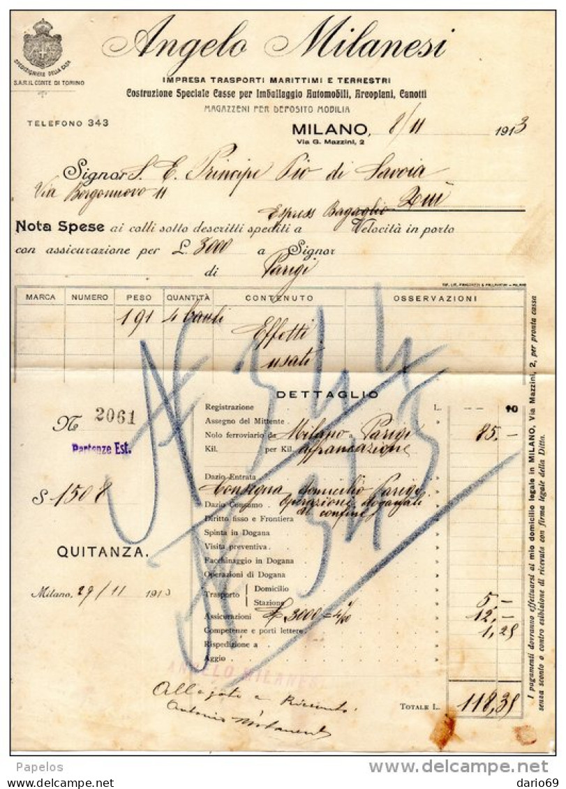 1913   FATTURA  MILANO -  IMPRESA TRASPORTI MARITTIMI - Italy