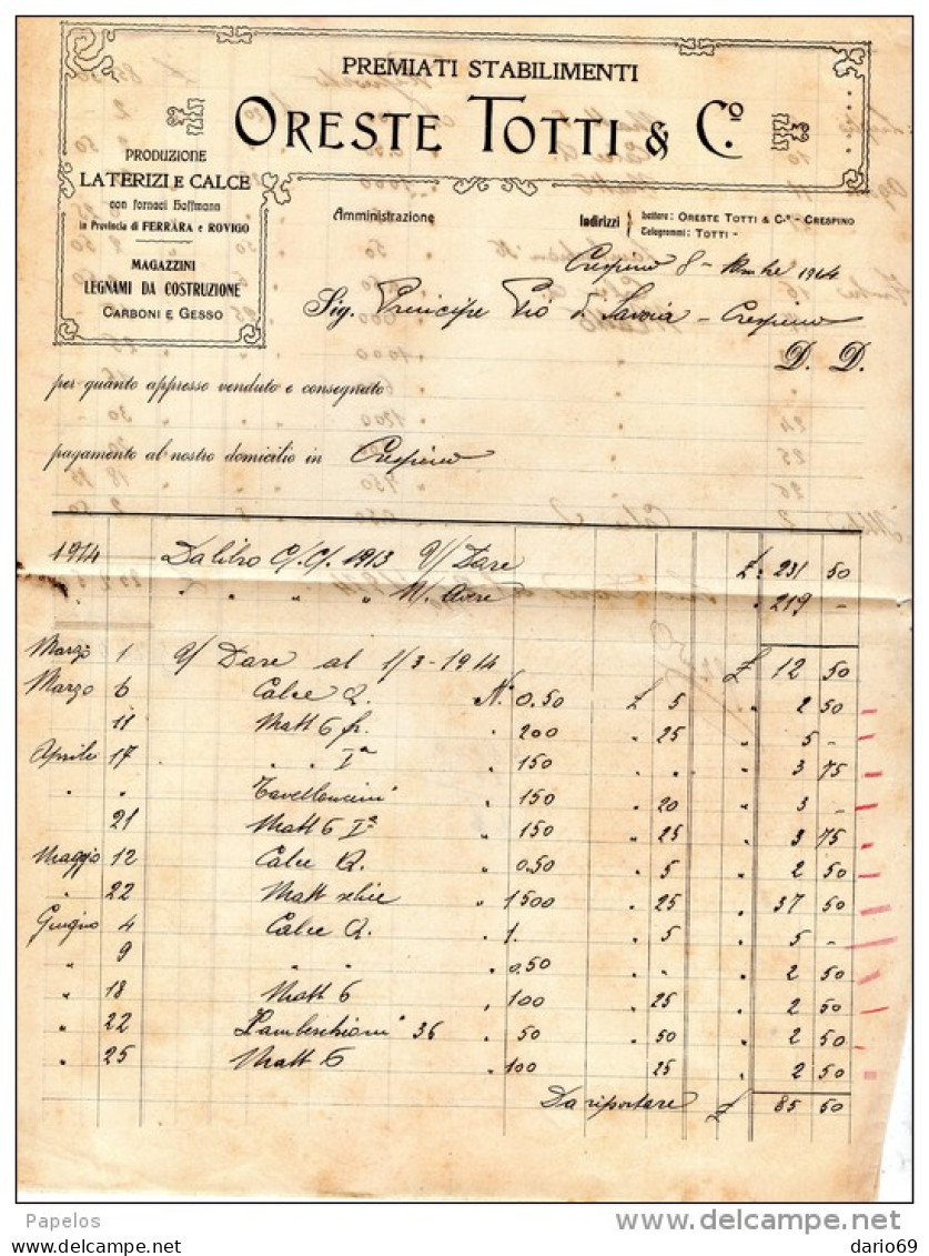 1913    FATTURA  PRODUZIONE LATERIZI E CALCE - CRESPINO - Italy