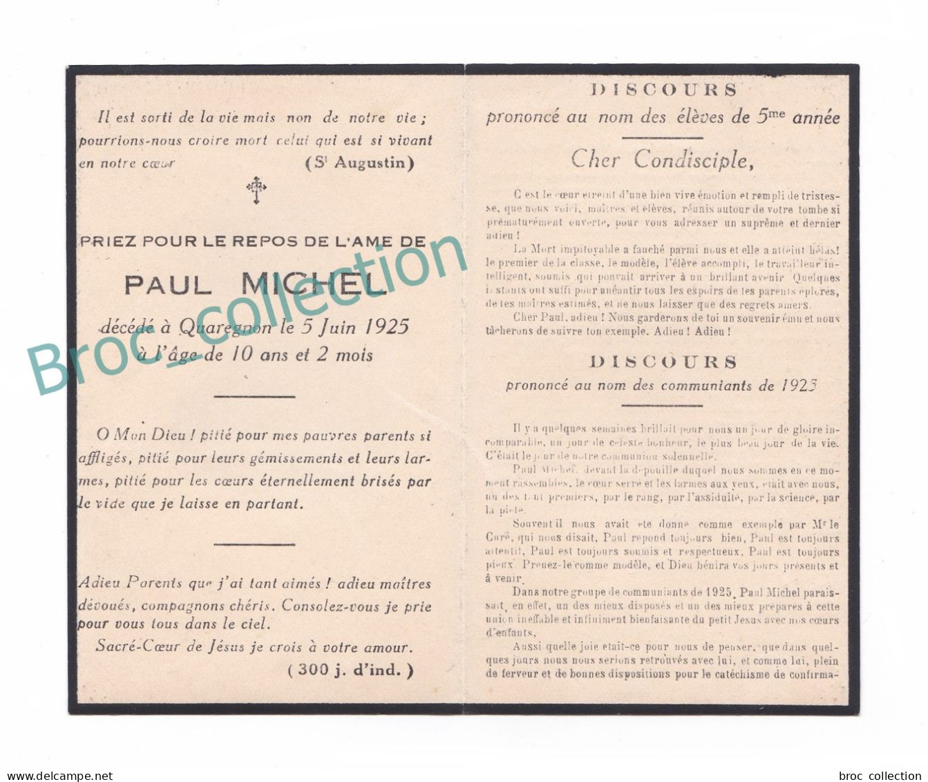 Quaregnon, Mémento De Paul MICHEL, 5/06/1925, 10 Ans, Enfant, Souvenir Mortuaire, Décès, Deuil - Images Religieuses