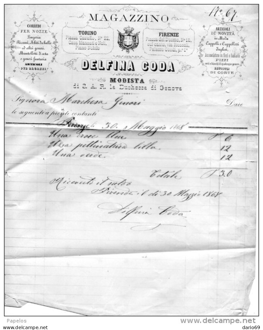 1868  FATTURA -  FIRENZE  MODISTA  DELLA DUCHESSA DI GENOVA - Italia