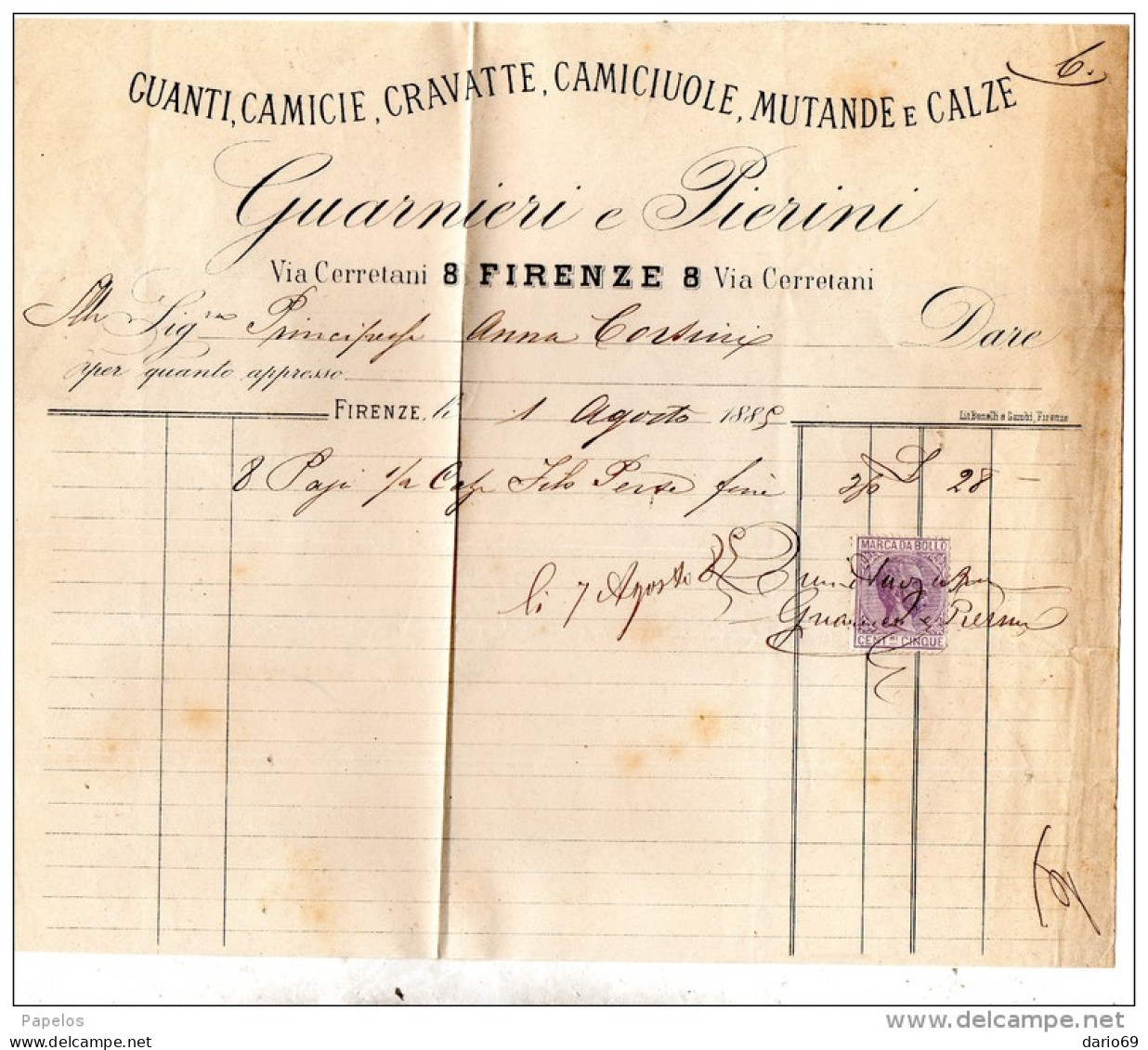 1889  FATTURA  -  FIRENZE -  FABBRICA DI GUANTI -  CAMICE - Italy