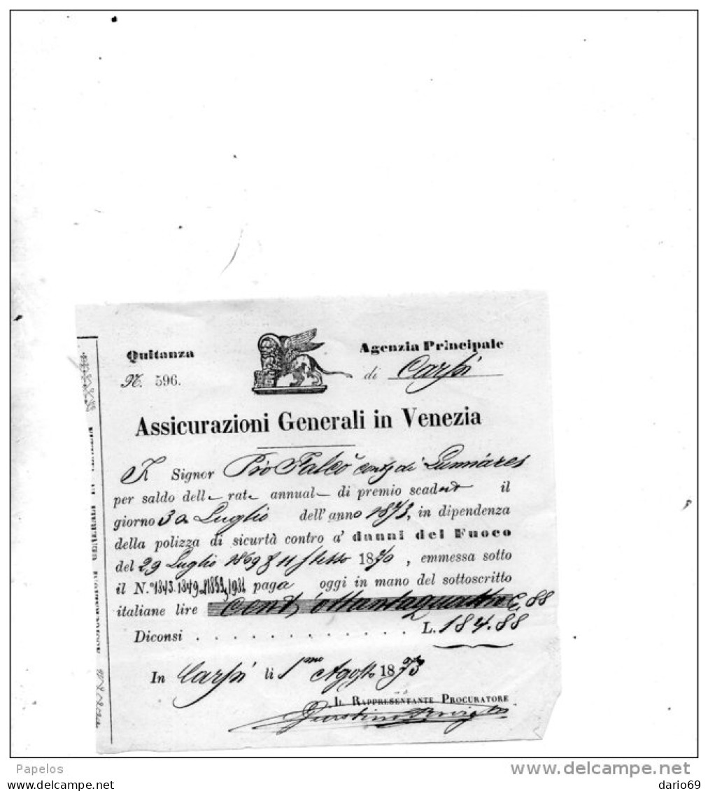 1873  FATTURA  -  ASSICURAZIONI GENERALI VENEZIA - Italie