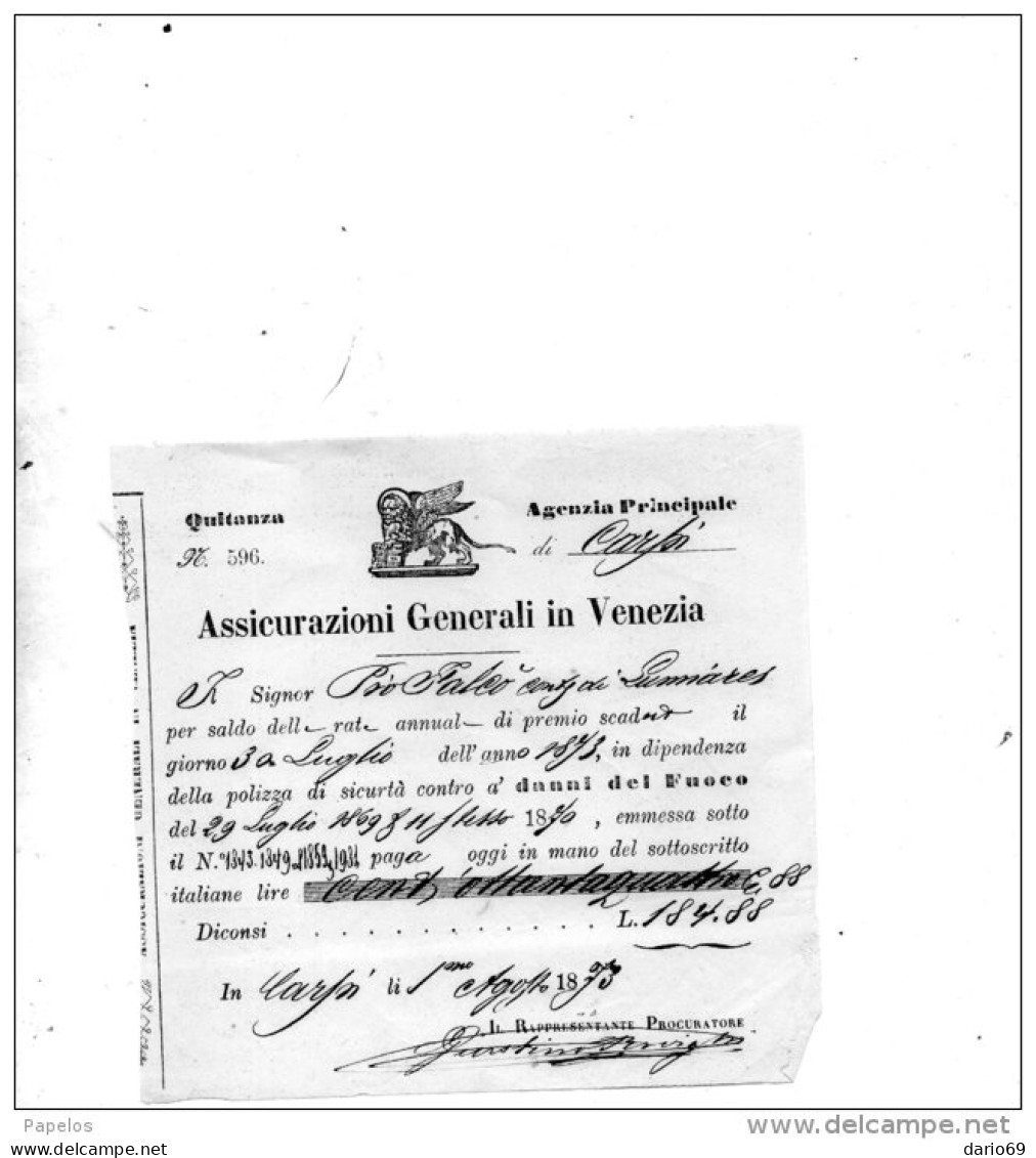 1873  FATTURA  -  ASSICURAZIONI GENERALI VENEZIA - Italy