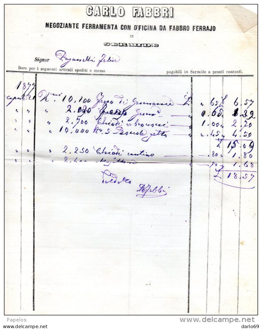 1877  FATTURA  -  SERMIDE MANTOVA - Italie